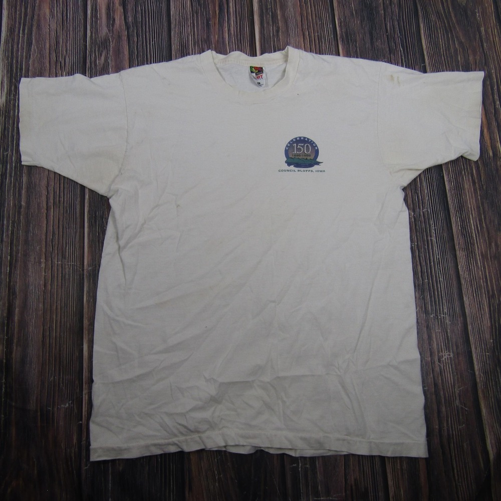 Vintage Fruit Of The Loom Council Bluffs 150 Shirt Mens XL White Iowa 1996 Tee